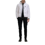 Blauer Weiße, gesteppte Herren-Daunenjacke mit schwarzen Reißverschlussdetails und kleinem Logo aus Polyamid, Frühjahr/Sommer-Kollektion