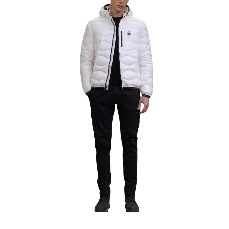 Blauer Weiße, gesteppte Herren-Daunenjacke mit schwarzen Reißverschlussdetails und kleinem Logo aus Polyamid, Frühjahr/Sommer-Kollektion