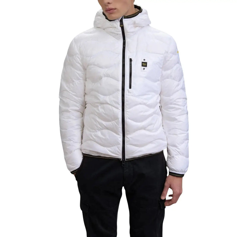 Blauer Weiße, gesteppte Herren-Daunenjacke mit schwarzem Reißverschluss und Besatz aus Polyamid aus der Frühjahr/Sommer-Kollektion