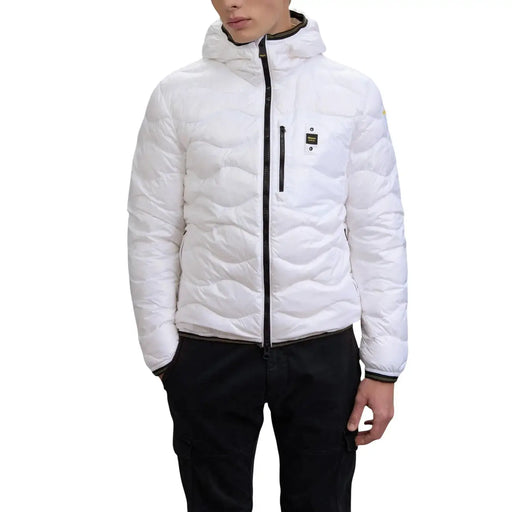 Blauer Weiße, gesteppte Herren-Daunenjacke mit schwarzem Reißverschluss und Besatz aus Polyamid aus der Frühjahr/Sommer-Kollektion