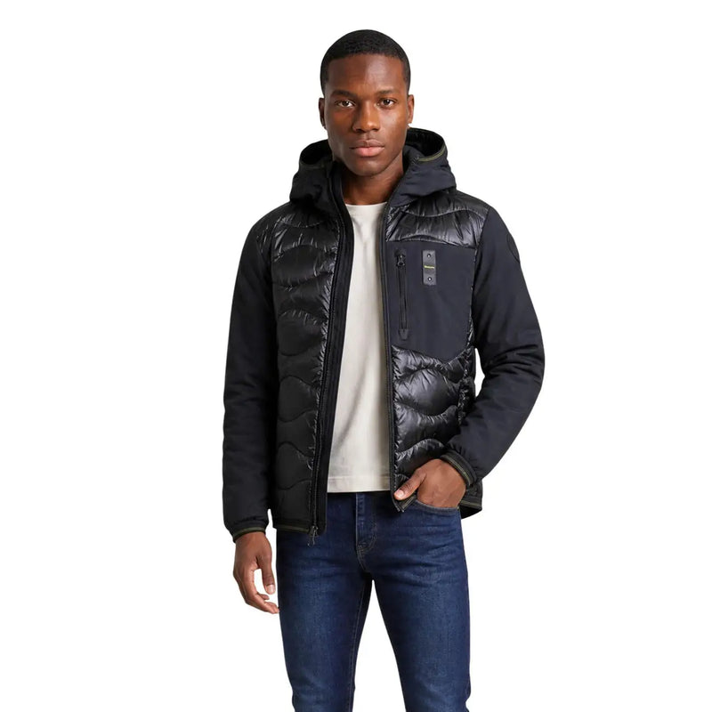 Blauer Schwarze, gesteppte Herren-Daunenjacke aus Polyamid mit Kapuze und Brusttasche mit Reißverschluss für kaltes Wetter
