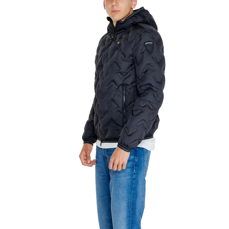 Blauer men’s black quilted long hooded jacket with subtle textured pattern and embroidered logo on left sleeve