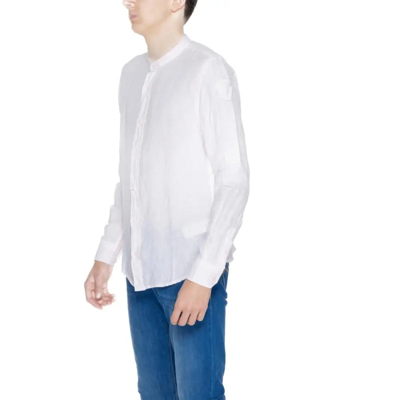 White long-sleeved Blauer men’s linen shirt with mandarin collar and subtle texture