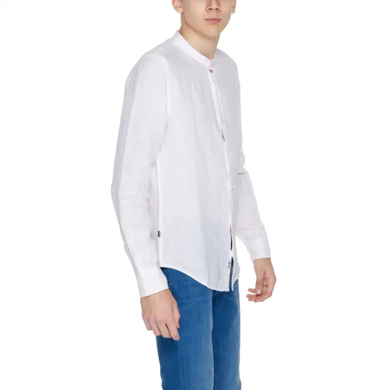Blauer men’s pink linen shirt with mandarin collar white long-sleeved button-up shirt with side slits