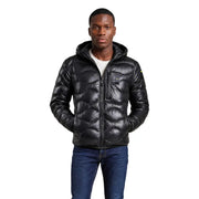 Blauer Schwarze Steppjacke für Herren mit Kapuze und Reißverschluss, Vorderansicht