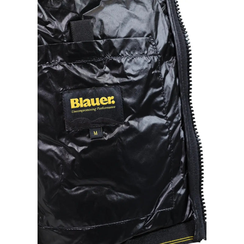 Blauer Schwarze Steppjacke für Herren mit glänzendem Innenfutter und gelbem Markenlabel, Detailansicht