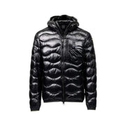 Blauer Schwarze Steppjacke für Herren mit Kapuze aus gestepptem Stoff und Reißverschluss, Vorderansicht