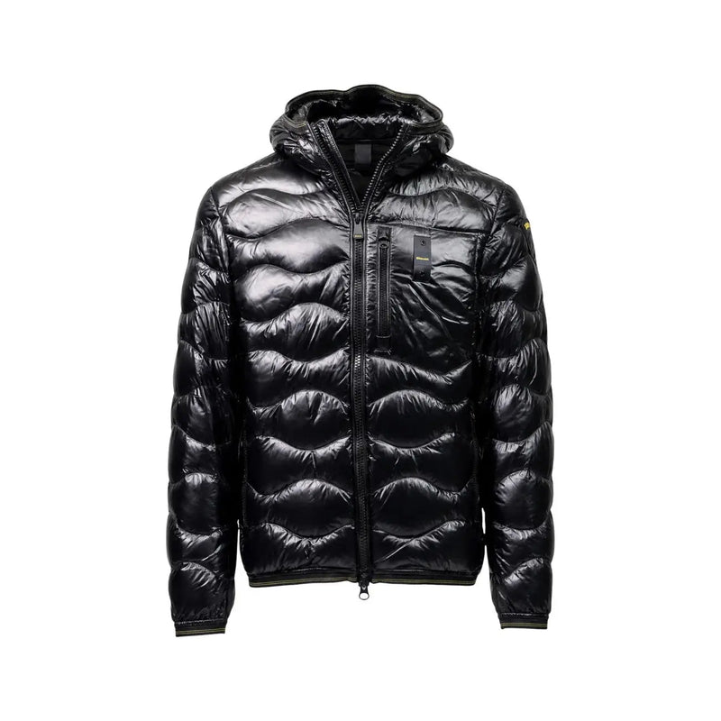 Blauer Schwarze Steppjacke für Herren mit Kapuze aus gestepptem Stoff und Reißverschluss, Vorderansicht