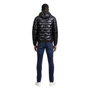 Blauer Schwarze Steppjacke für Herren mit glänzender Oberfläche und Kapuze, Vorderansicht