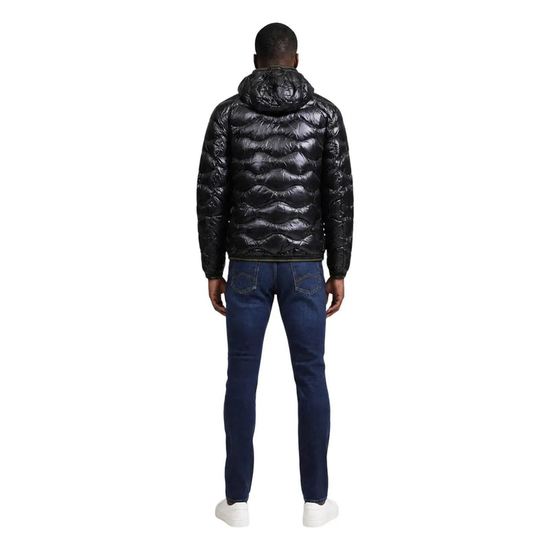 Blauer Schwarze Steppjacke für Herren mit glänzender Oberfläche und Kapuze, Vorderansicht