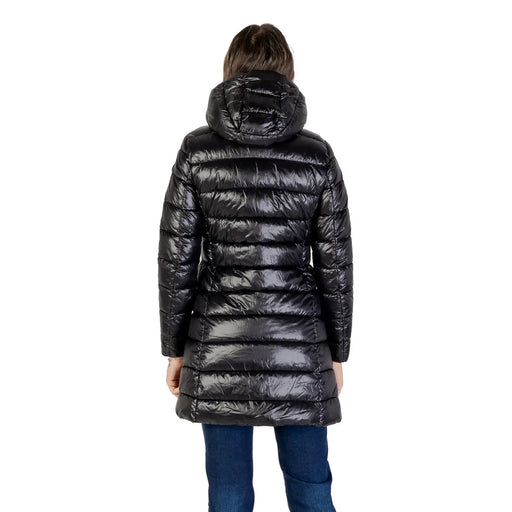 Blauer Schwarze Damen-Winterjacke aus Nylon mit Kapuze, glänzendem Steppfutter und angenähter Kapuze