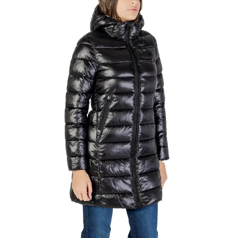 Blauer Schwarzer, glänzender Stepp-Nylon-Damenmantel mit Kapuze und Frontreißverschluss für den Winter