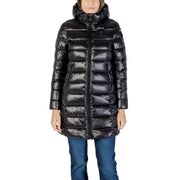 Blauer Schwarze Damen-Winterjacke aus Nylon mit Kapuze, glänzender Steppstruktur und Kapuze für kaltes Wetter