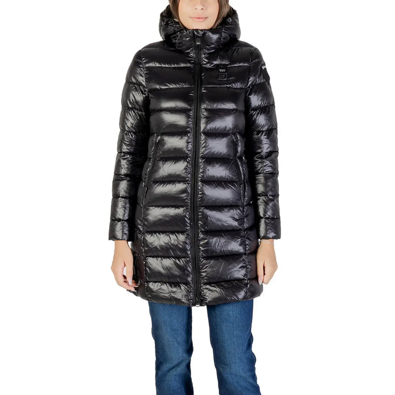 Blauer Schwarze Damen-Winterjacke aus Nylon mit Kapuze, glänzender Steppstruktur und Kapuze für kaltes Wetter