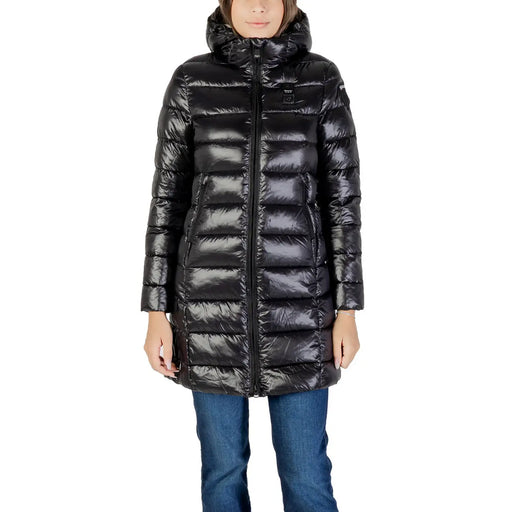 Blauer Schwarze Damen-Winterjacke aus Nylon mit Kapuze, glänzender Steppstruktur und Kapuze für kaltes Wetter