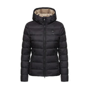Blauer Schwarze Damen-Steppjacke aus Polyamid mit Kapuze, beigefarbenem Kapuzenfutter, Steppeinsätzen und Markenlogo auf der Brust