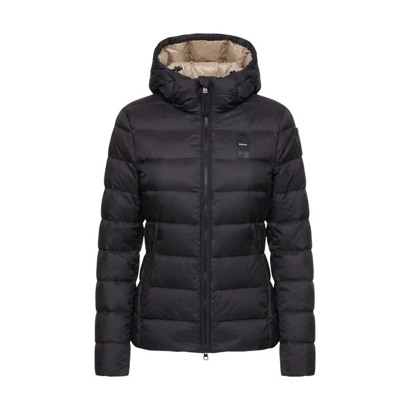 Blauer Schwarze Damen-Steppjacke aus Polyamid mit Kapuze, beigefarbenem Kapuzenfutter, Steppeinsätzen und Markenlogo auf der Brust