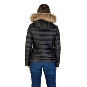 Blauer Schwarze, gesteppte Damen-Daunenjacke aus Polyamid mit hellbraun gefütterter Kapuze für kaltes Wetter