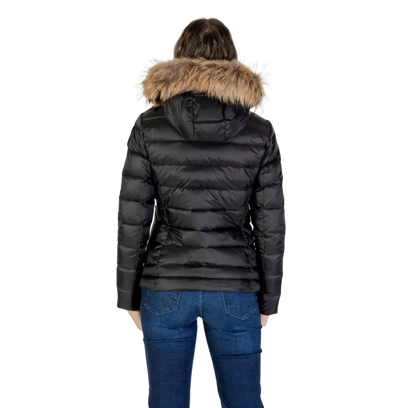 Blauer Schwarze, gesteppte Damen-Daunenjacke aus Polyamid mit hellbraun gefütterter Kapuze für kaltes Wetter