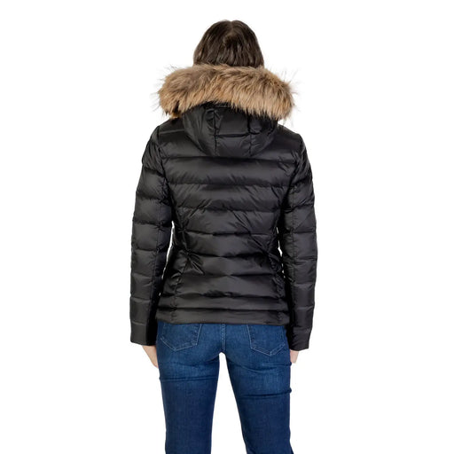 Blauer Schwarze, gesteppte Damen-Daunenjacke aus Polyamid mit hellbraun gefütterter Kapuze für kaltes Wetter