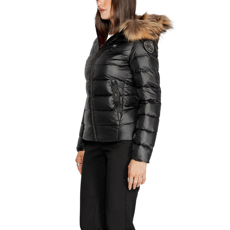 Blauer Schwarze, gesteppte Damen-Daunenjacke aus Polyamid mit pelzgefütterter Kapuze und Logo-Patch auf der Schulter
