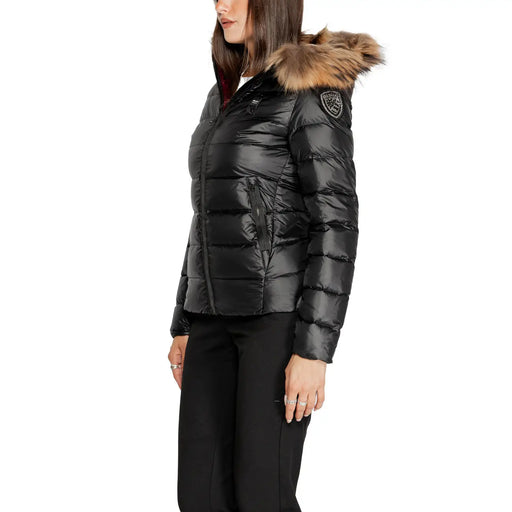 Blauer Schwarze, gesteppte Damen-Daunenjacke aus Polyamid mit pelzgefütterter Kapuze und Logo-Patch auf der Schulter