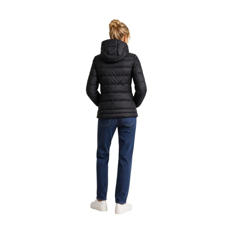 Blauer Schwarze, gesteppte Damen-Daunenjacke aus Polyamid mit Kapuze – ein isolierendes Winteroberbekleidungsdesign