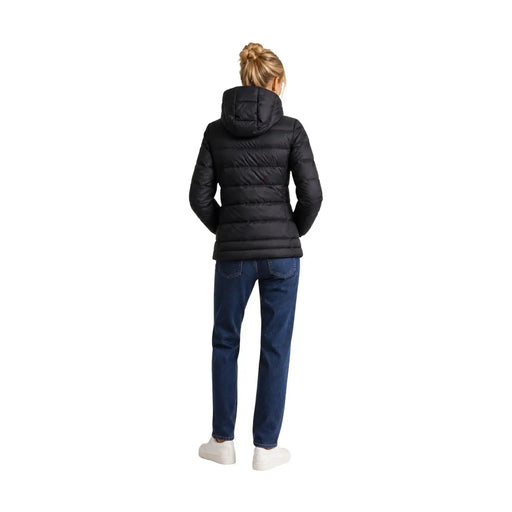 Blauer Schwarze, gesteppte Damen-Daunenjacke aus Polyamid mit Kapuze – ein isolierendes Winteroberbekleidungsdesign