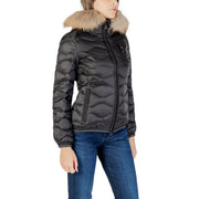 Blauer Schwarze, gesteppte Damen-Daunenjacke aus Polyamid mit hellbraun gefütterter Kapuze zum Schutz vor kaltem Wetter