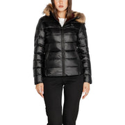Blauer Schwarze, gesteppte Damen-Daunenjacke aus Polyamid mit pelzgefütterter Kapuze für winterliche Wärme und Stil