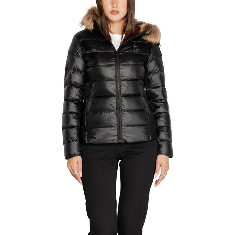 Blauer Schwarze, gesteppte Damen-Daunenjacke aus Polyamid mit pelzgefütterter Kapuze für winterliche Wärme und Stil