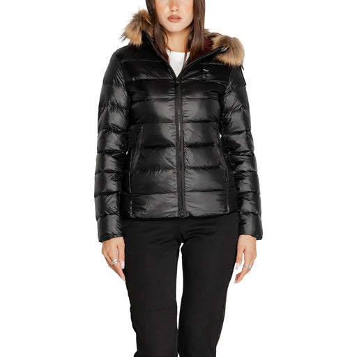 Blauer Schwarze, gesteppte Damen-Daunenjacke aus Polyamid mit pelzgefütterter Kapuze für winterliche Wärme und Stil