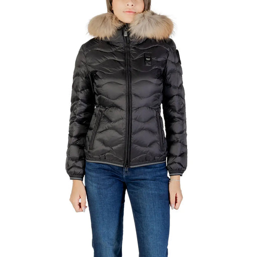 Blauer Schwarze, gesteppte Damen-Daunenjacke aus Polyamid mit pelzgefütterter Kapuze zum Schutz vor kaltem Wetter