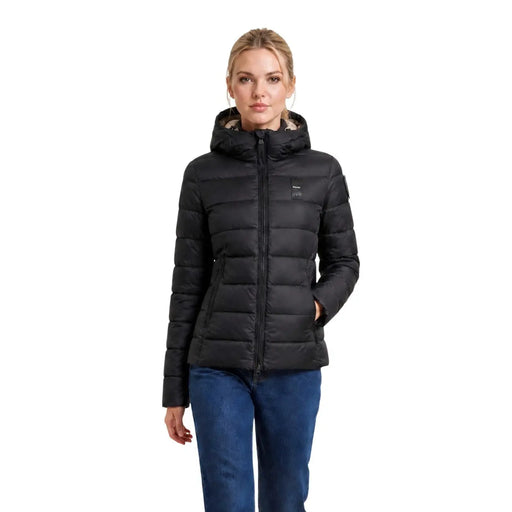 Blauer Schwarze, gesteppte Damen-Polyamid-Daunenjacke mit Kapuze und Frontreißverschluss für kaltes Wetter