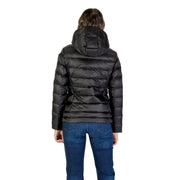 Blauer Schwarze, gesteppte Damen-Winterjacke aus Polyamid mit Kapuze zum Schutz vor Kälte