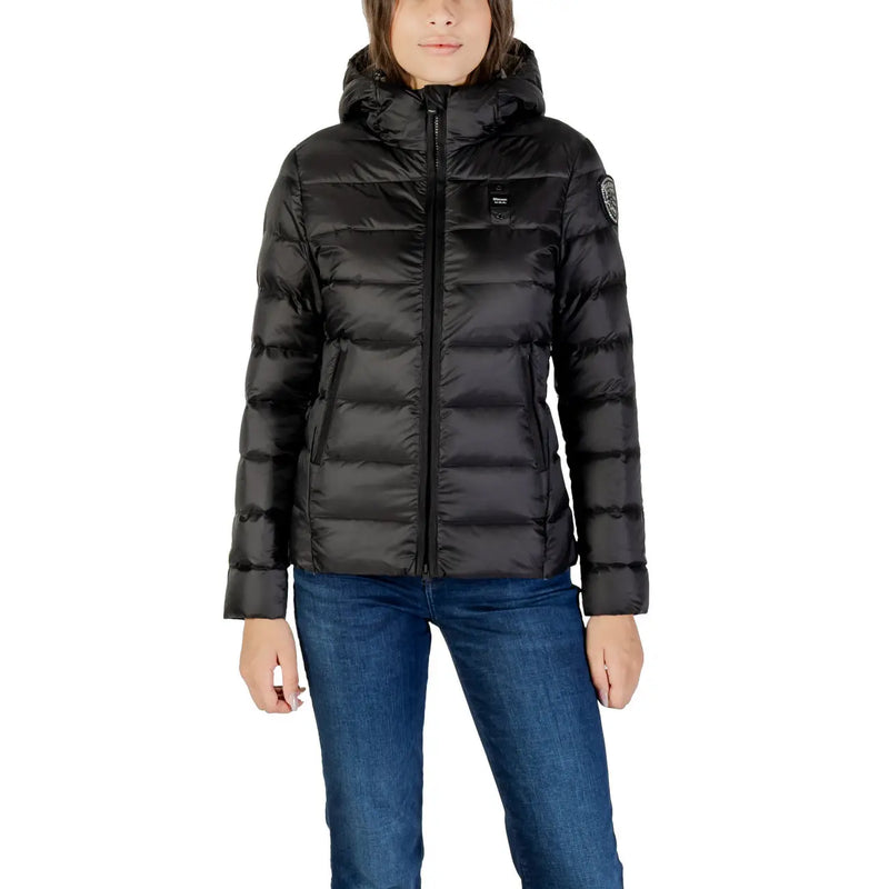 Schwarzes Polyamid Blauer Damen-Winterjacke mit Kapuze, Steppdesign und dezentem Markenlogo auf Brust und Ärmel