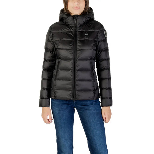 Schwarzes Polyamid Blauer Damen-Winterjacke mit Kapuze, Steppdesign und dezentem Markenlogo auf Brust und Ärmel