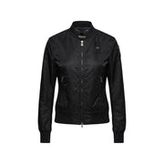 Blauer women black zip blazer bomber jacket in sleek shiny nylon with subtle branding and pockets visible