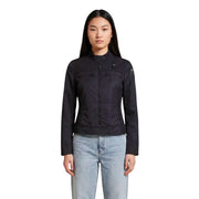 Schwarze G-Star Raw Damen-Motorradjacke mit Reißverschlusstaschen und dezenten Markenpatches im blauen Blazer-Stil