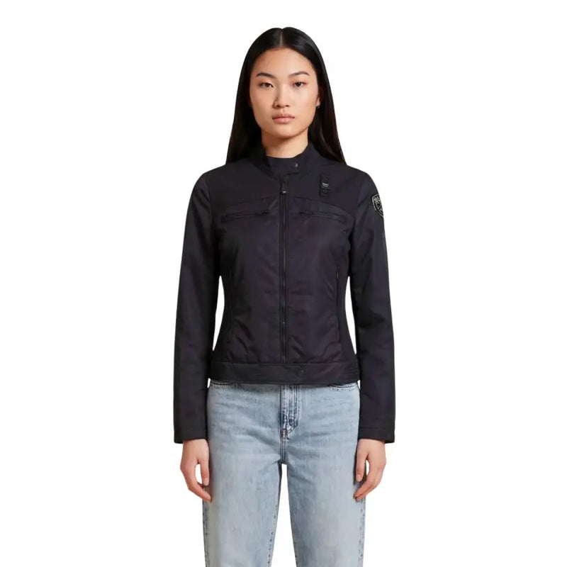 Schwarze G-Star Raw Damen-Motorradjacke mit Reißverschlusstaschen und dezenten Markenpatches im blauen Blazer-Stil