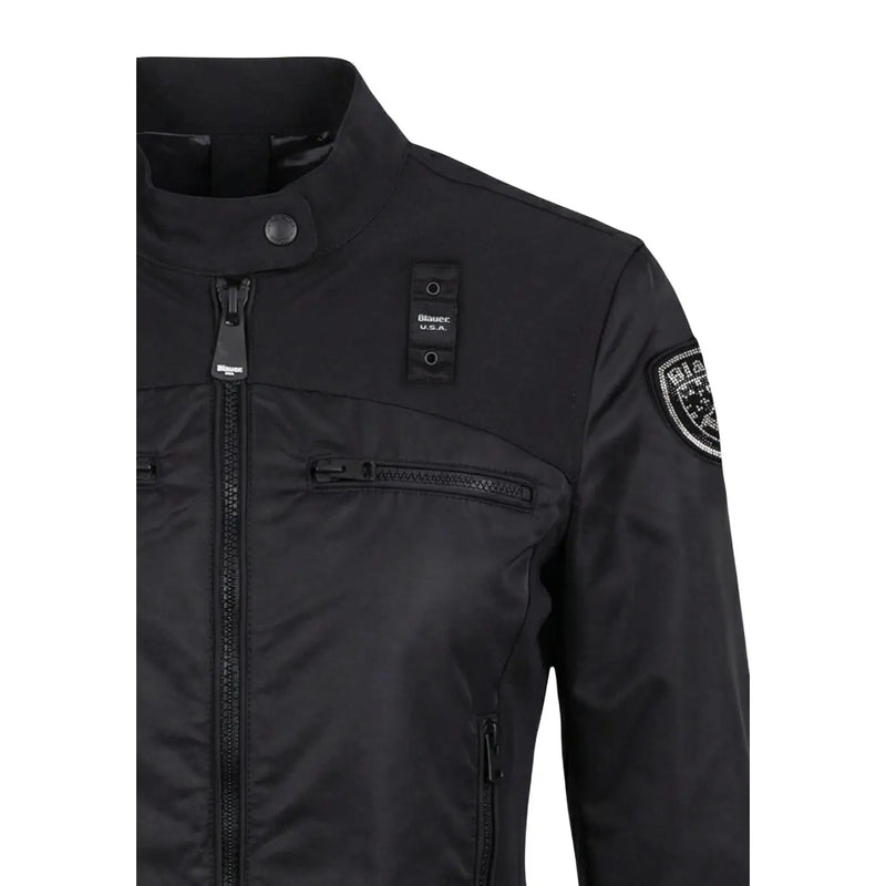 Black bianca u.s.a. wearing blauer women black zip turtleneck blazer with front pockets and zip closure