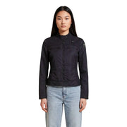 Black g star raw women’s motorcycle jacket with zippered pockets and subtle branding patches in a blauer blazer style