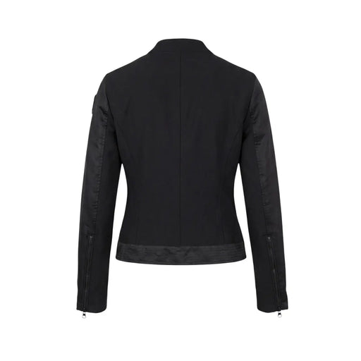 Blauer women black cropped moto jacket with zip turtleneck blazer featuring subtle texture contrast on sleeves and hem