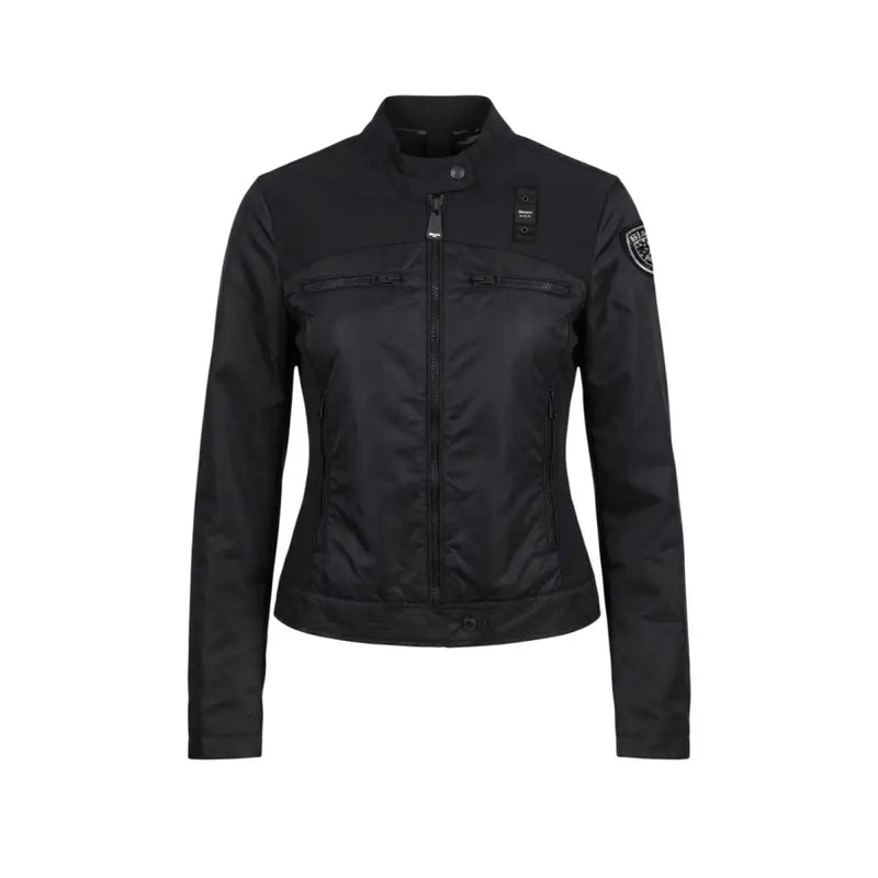 Blauer Schwarzer Damenblazer mit Rollkragen und Reißverschluss, eleganter Motorradjacke aus mattem Leder und reflektierenden Reißverschlussdetails