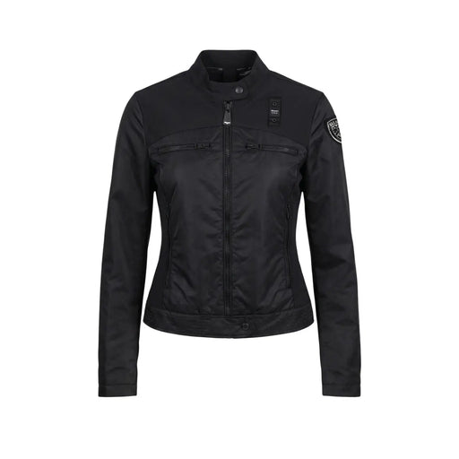 Blauer women black zip turtleneck blazer with sleek matte finish leather motorcycle jacket and reflective zipper accents