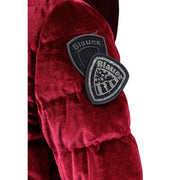 Deep red velvet puffer jacket with black shield patches embroidered with blauer in silver and rhinestones