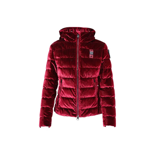 Blauer Damenblazer-Jacke aus bordeauxrotem Polyester-Samt mit Kapuze, gestepptem Design und Kapuze