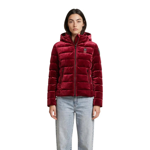 Blauer Damenblazer-Jacke aus bordeauxrotem Polyester-Samt mit Kapuze, gestepptem Design und Kapuze