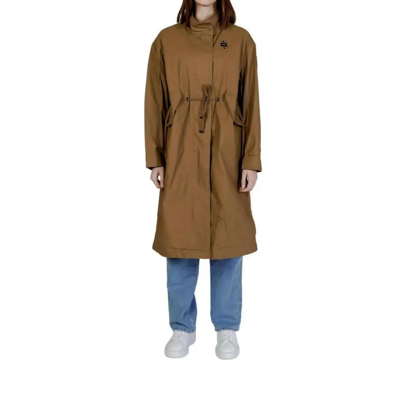 Tan trench coat with high collar drawstring waist subtle logo on chest blauer women brown blazer spring summer 100% cotton