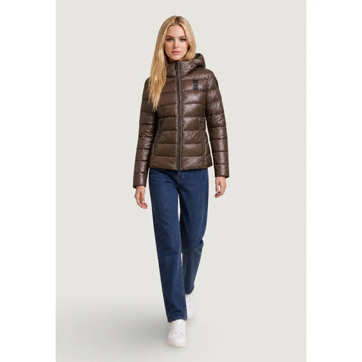 Blauer Braune, gesteppte Damen-Nylon-Pufferjacke mit Kapuze und Frontreißverschluss für kaltes Wetter